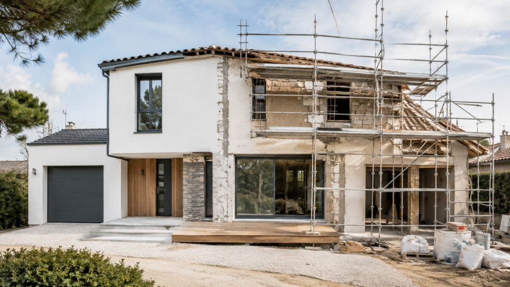 Maison en cours de rénovation avec échafaudage